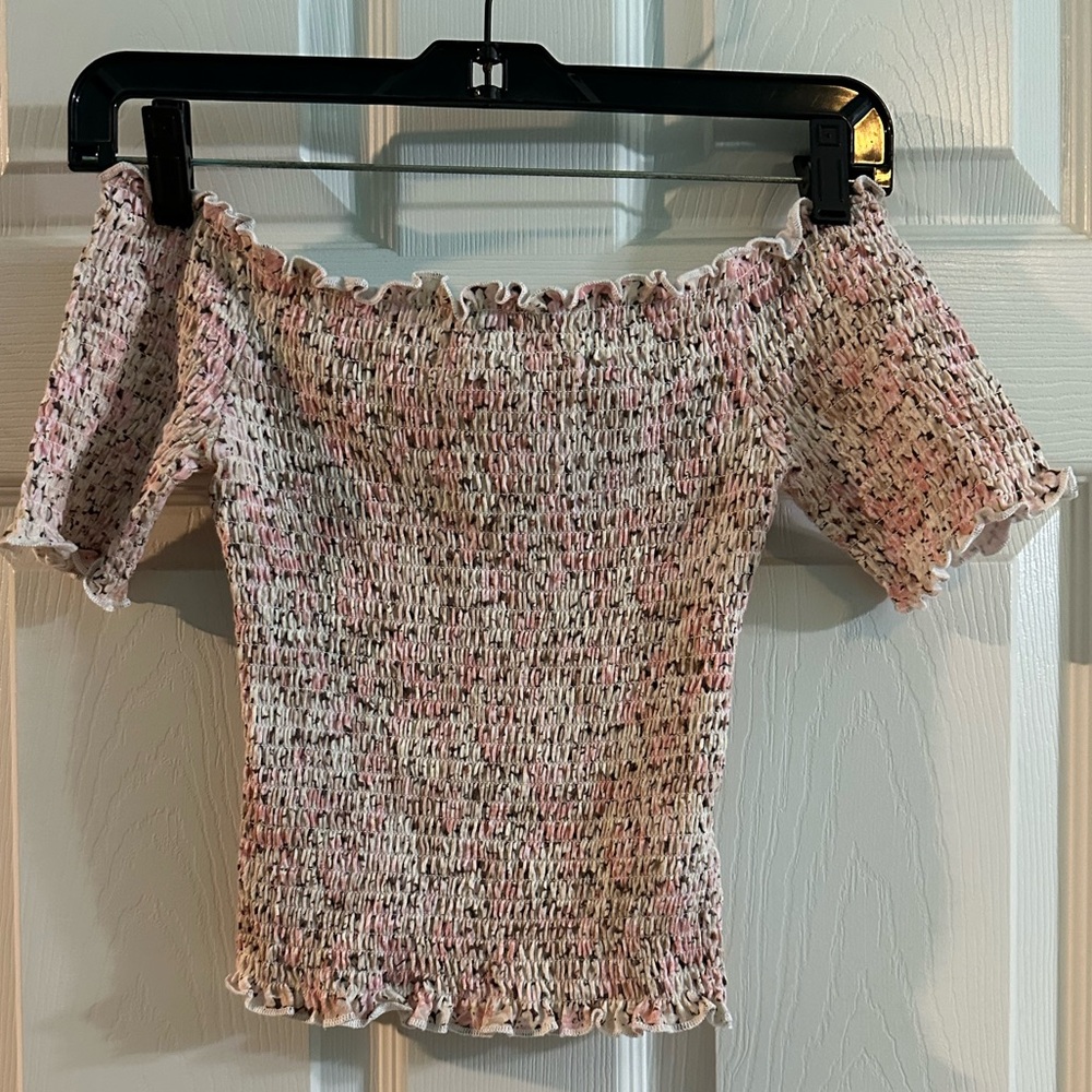 H&M Off-Shoulder Smocked Crop Top - Pink Multicolor